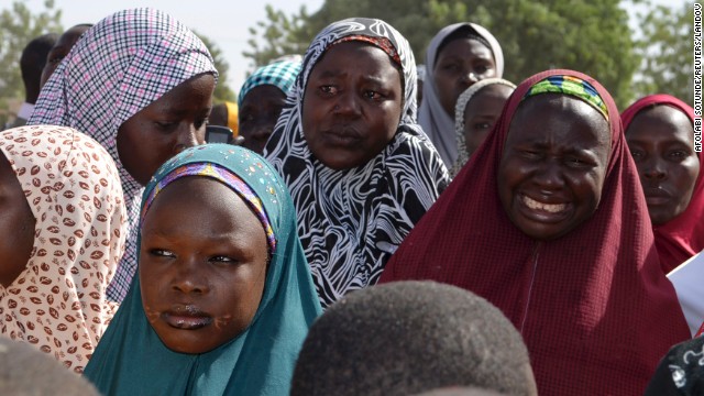 Mothers weep during a meeting with the Borno state governor on April 22 in Chibok.