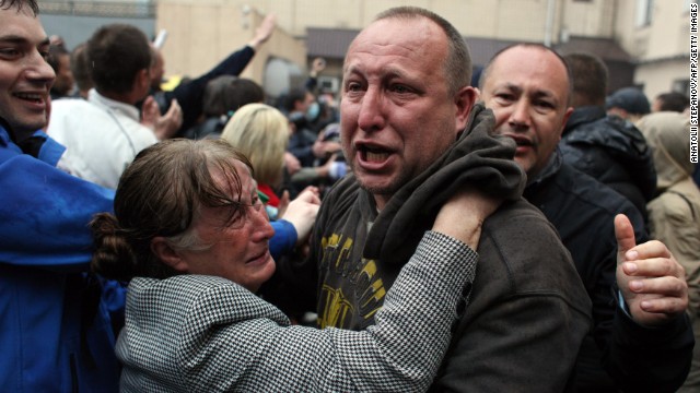 A pro-Russian militant reacts after being freed on May 4 in Odessa. 