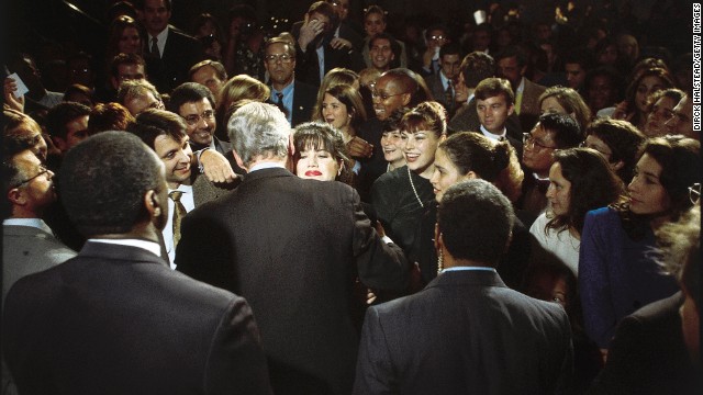 Monica Lewinsky embraces U.S. President Bill Clinton at a Democratic fundraiser in Washington in October 1996. Lewinsky, the White House intern who had a sexual relationship with Clinton during his time in office, has finally <a href='http://www.cnn.com/2014/05/06/politics/lewinsky-clinton-affair/index.html'>broken her silence</a> on the affair in a Vanity Fair article.