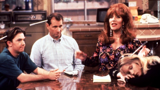 Peggy Bundy of "Married ... With Children" (Katey Sagal, second from right) was blowzy and materialistic, but she would stand with her family when threatened. Son Bud (David Faustino), husband Al (Ed O'Neill) and daughter Kelly (Christina Applegate) were usually firmly behind her. 