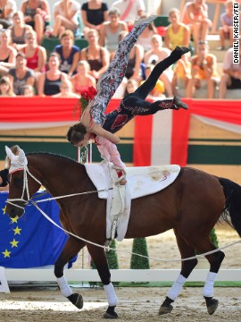 As well as individual and team contests, the pas de deux allows a pair of vaulters to compete at the same time. Austria, pictured, won the 2013 European title with this performance.