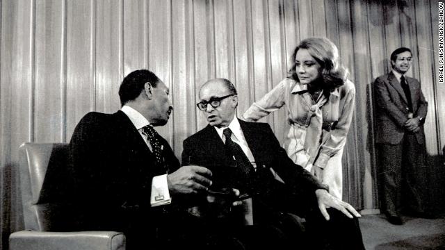 Walters held in a groundbreaking interview with Israeli Prime Minister Menachem Begin, center, and Egyptian President Anwar Sadat in Jerusalem during Sadat's first peace visit to Israel on November 20, 1977. 