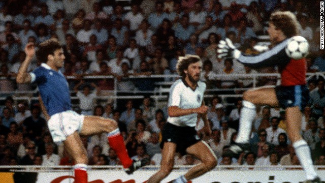 The 1982 semifinal between West Germany and France is remembered for stomach-turning scenes when German keeper Harald Schumacher (R) came out of his goal, ignored the ball and body slammed Patrick Battiston (L), who left the field on a stretcher.