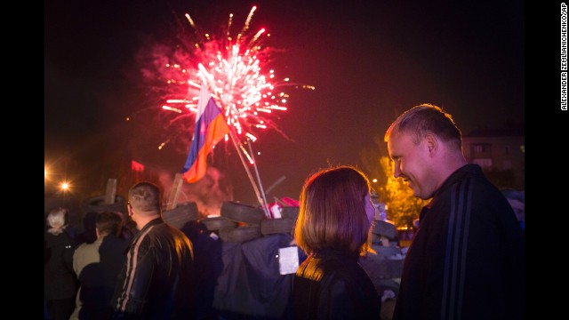 People celebrate with fireworks in Donetsk, Ukraine, on May 12 as separatists declared independence for the Donetsk region.