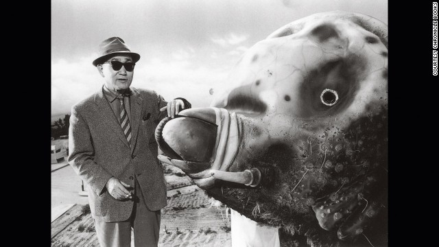 Tsuburaya and the 33-foot Mothra "costume" in 1961. Note the detailed miniature fields in the background. 