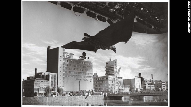 Rodan descends upon Fukuoka City in 1956's "Rodan." Since the title beast was a flying monster, Tsuburaya's crew had the opportunity to build more intricate and elaborate cityscapes than they had for "Godzilla."