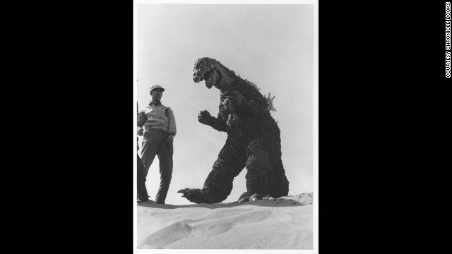 Godzila on the beach, shooting a scene for the U.S. version of 1964's "Mothra vs. Godzilla."