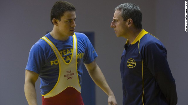 Channing Tatum (left) plays wrestler Mark Schultz and Steve Carell plays his unhinged benefactor, multimillionaire John E. du Pont, in the film "Foxcatcher."