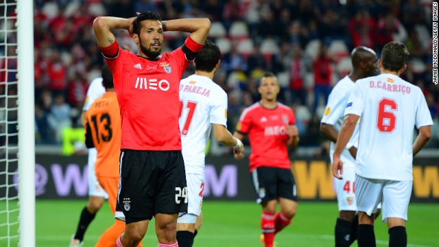 Ezequiel Garay (left) is just one Benfica player left ruing missed chances in the first 90 minutes of the Europa League final at the Juventus Stadium in Italy.