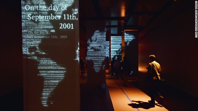 Audio and visual panels tell the story of 9/11 during a press preview of the memorial. 