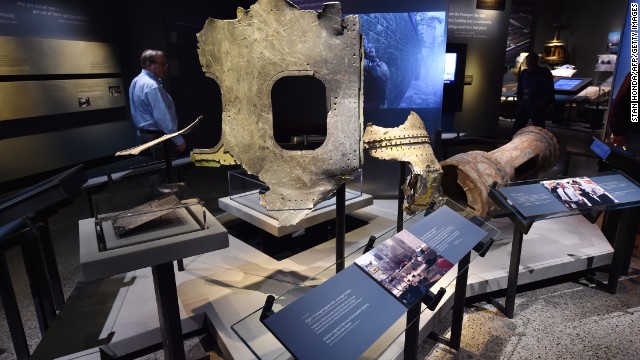 Pieces of American Airlines Flight 11 are on display. The plane plowed into the North Tower of the World Trade Center at 8:46 a.m. on September 11, 2001.
