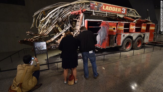 The remains of a New York City Fire Department Ladder Company 3 truck are on display outside the historical exhibition area. Eleven members of Ladder 3 died when the North Tower crumbled.