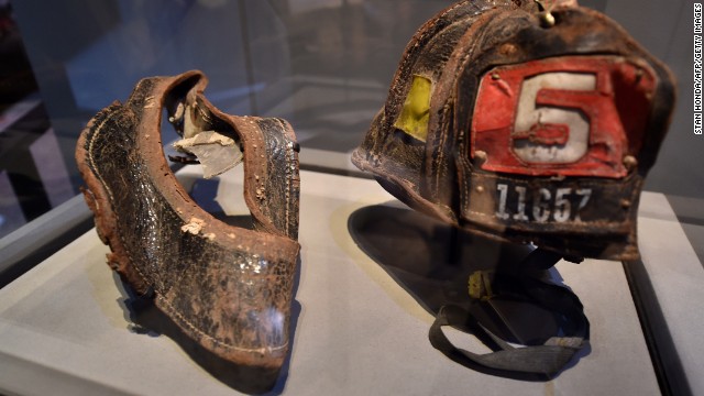 Helmets worn by firefighters on September 11, including those of Christian Waugh, were donated by families.