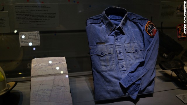 A firefighter shirt from ground zero is on view.