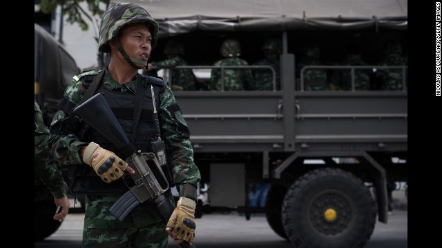 Thai soldiers patrol the streets of Bangkok on May 23.
