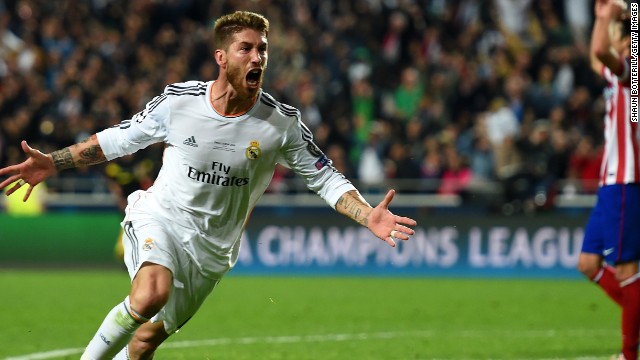 Sergio Ramos celebrates his injury-time equalizer in the Champions League final in Lisbon. 