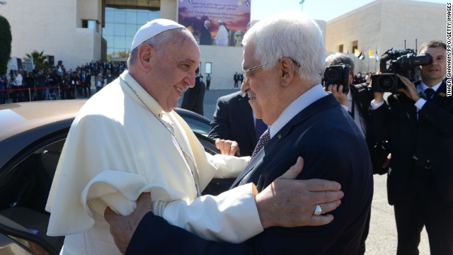 Palestinian President Mahmoud Abbas, right, greets Pope Francis in Ramallah, West Bank, on May 25. 