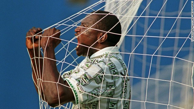 Nigeria reached the last 16 in 1994 at their debut World Cup. Daniel Amokachi celebrates after his side score their first goal of the campaign against Bulgaria.
