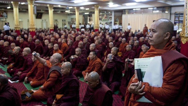 Buddhist monks attend a meeting at a Yangon monastery to discuss a law restricting interfaith marriage in June, 2013.