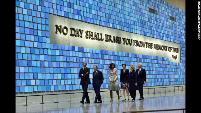 Clinton tours the National September 11 Memorial &amp; Museum in New York with President Barack Obama, former New York Mayor Michael Bloomberg, first lady Michelle Obama and former President Clinton on May 15.