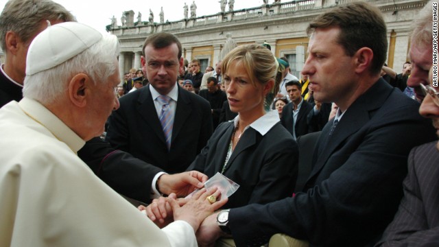 Gerry and Kate McCann speak with Pope Benedict XVI in Saint Peter's Square in May 2007.