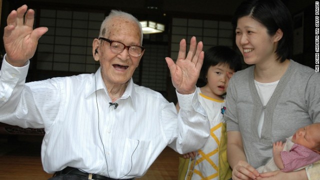 Jiroemon Kimura was born April 19, 1897, and died June 12, 2013, at the age of 116. The retired Japanese postman attributed his long life to eating light, working in the sunshine and not smoking. After his postal career, he worked on a farm: "I am always looking up towards the sky; that is how I am." Of his six siblings, five lived to the age of 90. He died of natural causes.