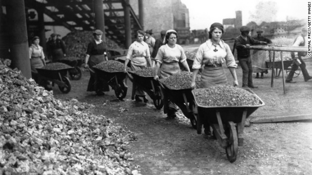 Women "navvies" work on railway building in Coventry, England.