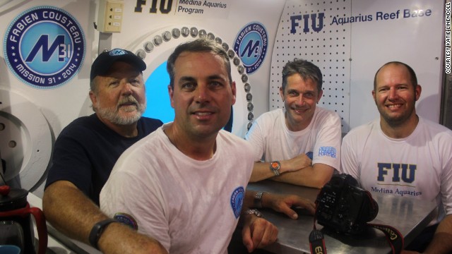 The crew, from left: mission specialist Mark Hulsbeck, photographer Kip Evans, Fabien Cousteau and mission specialist Ryan LaPete.