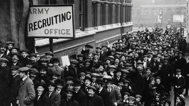 Britons stand in line outside an Army recruiting station.