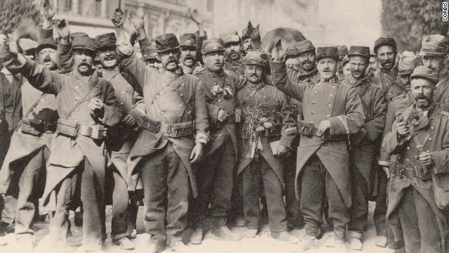 French soldiers sing the national anthem at the beginning of World War I in August 1914. This "war to end all wars" might seem like ancient history, but it changed the world forever. It transformed the way war was fought, upended cultures and home life and stimulated innovations that affect us today. With more than 30 combatant nations and nearly 70 million men mobilized, World War I profoundly destabilized the international order. Look back at some of the war's key events.