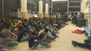 Another photo released by Rep. Cuellar\'s office shows immigrants housed at a crowded Customs and Border Protection detention facility a in South Texas. 