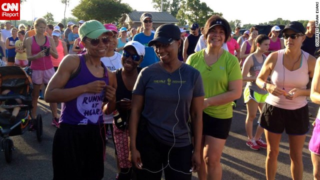 Evans, left, says somewhere along her journey, she "fell in love with running." Here, she participates in the Red River Road Runners Summer Fun Run on June 5, weighing 125 pounds. 