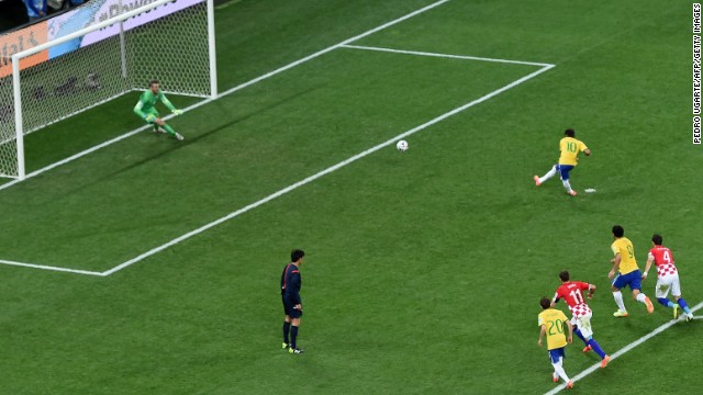 Neymar scores a penalty kick to give Brazil a 2-1 lead. It was Neymar's second goal of the match, which was played in Sao Paulo, Brazil.