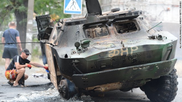 A military vehicle was destroyed during a clash between Ukrainian troops and pro-Russian separatists Friday, June 13, in Mariupol, Ukraine. After the recent election of President Petro Poroshenko, there is still unrest in the eastern part of Ukraine, where a large separatist movement has arisen in the wake of Russia's takeover of Crimea.