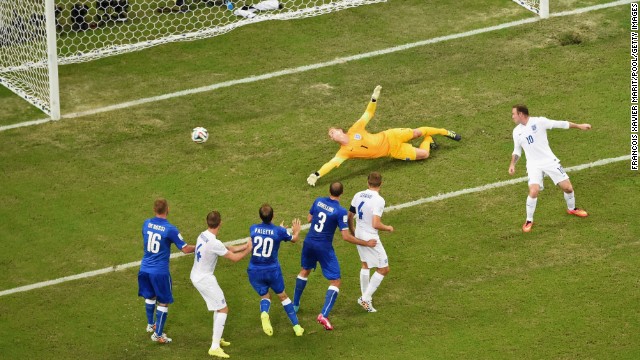 England goalkeeper Joe Hart dives as Claudio Marchisio's long-range shot gives Italy the lead.