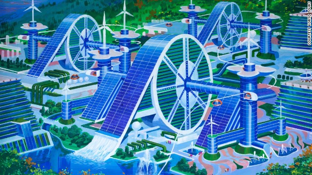 A futuristic silk cooperative that aims to bring together workers of the countryside with plenty of space for wind turbines and helicopter landing pads. The style depicts a traditional Korean hand wheel which is used for weaving. 