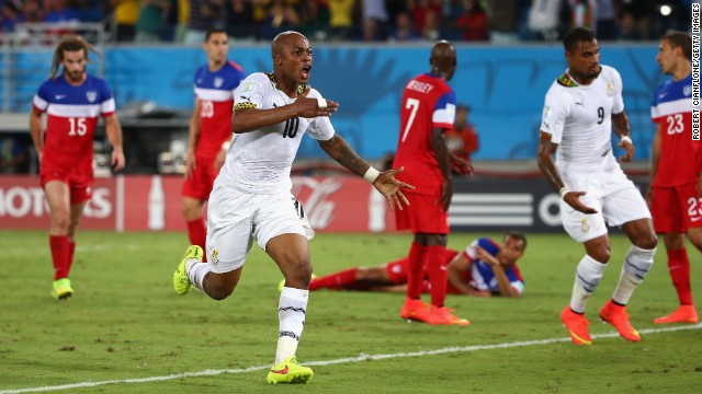 Andre Ayew of Ghana celebrates after scoring a second-half goal to tie the United States.