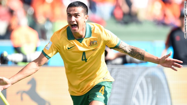 Australian forward Tim Cahill celebrates after scoring a goal against the Netherlands. His impressive volley tied the match at 1-1. 