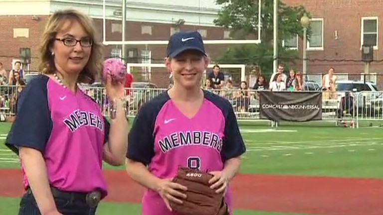 Gabby Fords Throws First Pitch At Softball Game Video 
