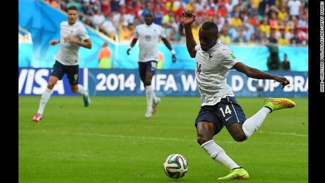 French midfielder Blaise Matuidi scores a goal to give his team a 2-0 lead over Switzerland.