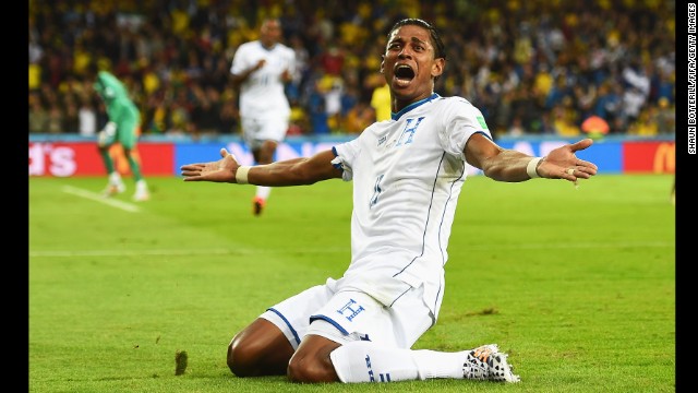 Carlo Costly of Honduras celebrates scoring his team's first goal, tying the score 1-1.