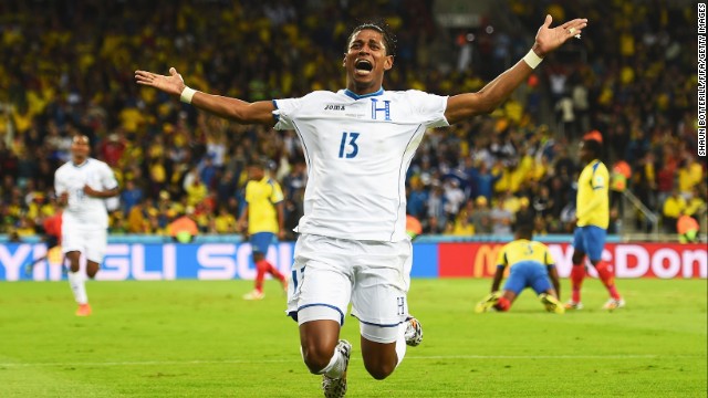 Carlo Costly of Honduras celebrates scoring his team's first goal.