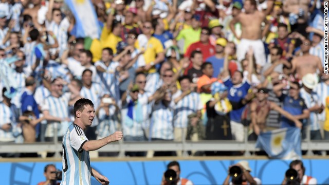 Argentina forward and captain Lionel Messi celebrates after scoring the only goal in Argentina's World Cup victory over Iran on June 21 in Belo Horizonte, Brazil.