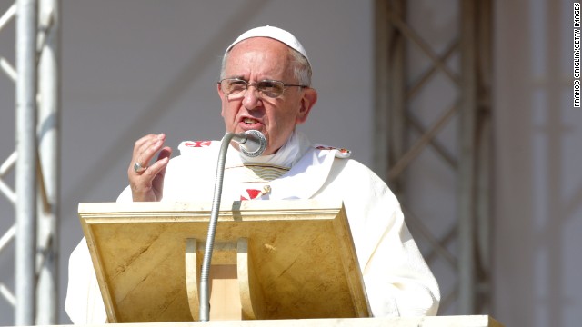 Pope Francis speaks during the feast-day Mass on a one-day trip to the Calabrian region of Italy on Saturday, June 21. The Pope spoke out against the Mafia's "adoration of evil and contempt for the common good," and declared that "mafiosi are excommunicated, not in communion with God.'