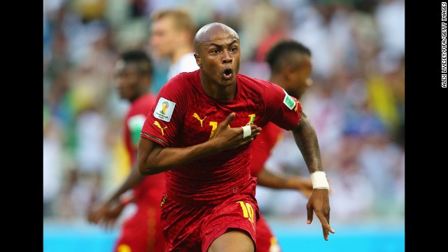  Andre Ayew of Ghana celebrates scoring his team's first goal against Germany.