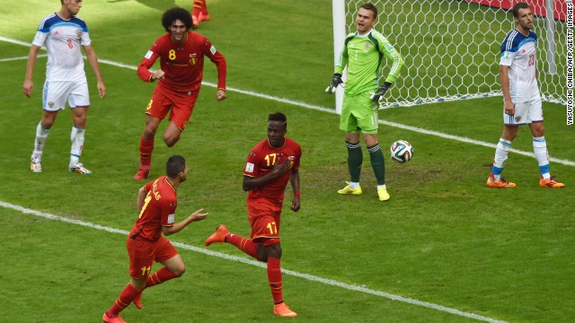 Belgium's forward Divock Origi, center, celebrates after scoring against Russia in Rio de Janeiro on June 22. Belgium won 1-0.