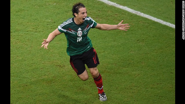 Defender Andres Guardado of Mexico celebrates scoring his team's second goal.