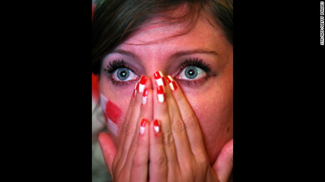 A Croatia supporter reacts during the game between Cameroon and Croatia on June 18. Croatia won 4-0.