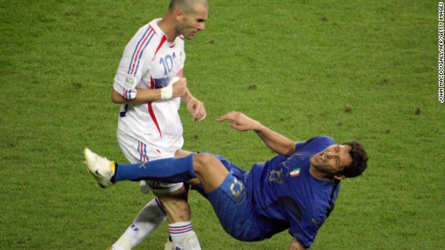 In one of the World Cup's most enduring images, Zizou resigns himself to an early bath after headbutting Marco Materazzi in the 2006 final.