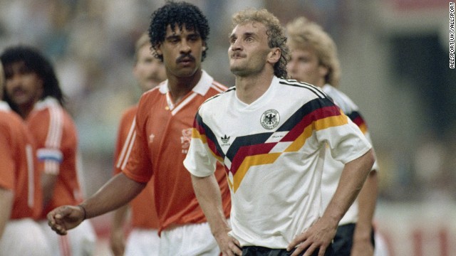 A hair-raising moment in the 1990 World Cup when Frank Rijkaard (L) twice spat in German Rudi Voller's hair. Both men were sent off in a bubbling encounter fueled by a historically fierce rivalry between the Netherlands and West Germany.